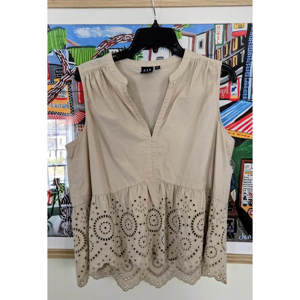 GAP Tan, Beige, Sleeveless, Neck, Peplum Eyelet Top, size M